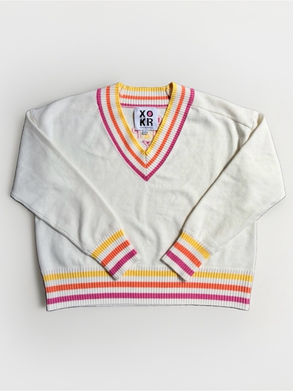 XO KR Kerri Rosenthal Get Happy V-Neck Varsity Striped Sweater Cream Women’s L